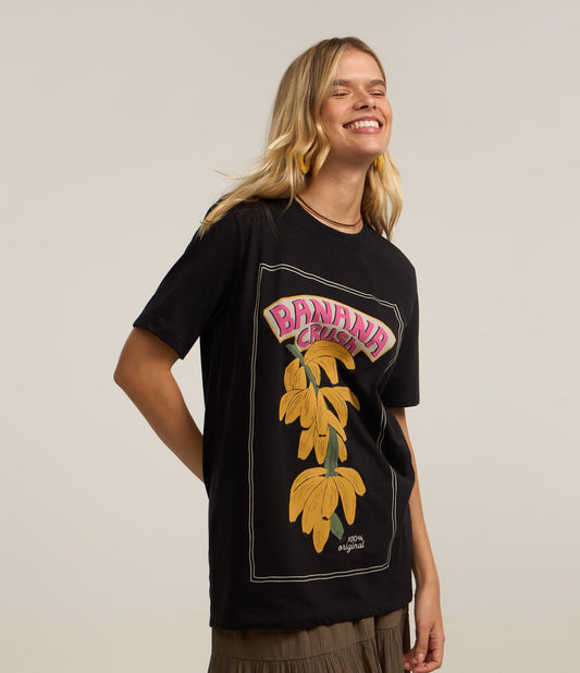 Black Longline Cotton T-Shirt with Banana Crush Print
