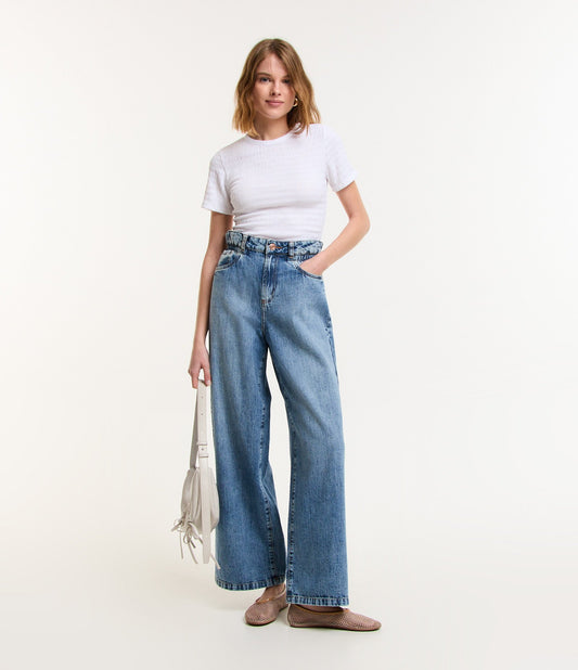 Jeans Marbled de perna larga com cintura de saco de papel azul