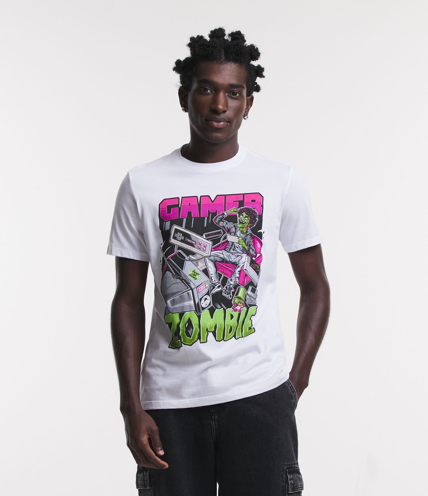Regular Fit T-Shirt in Half-Mesh with White Zombie Gamer Print