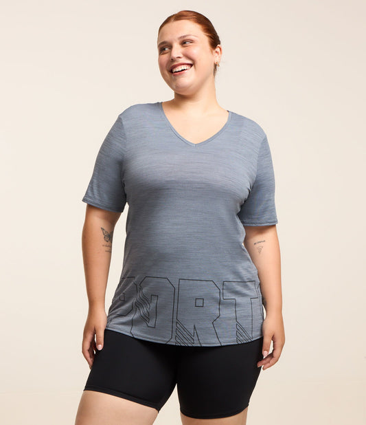 Maglietta sportiva blu Plus Size con stampa Curve e tecnologia Dry