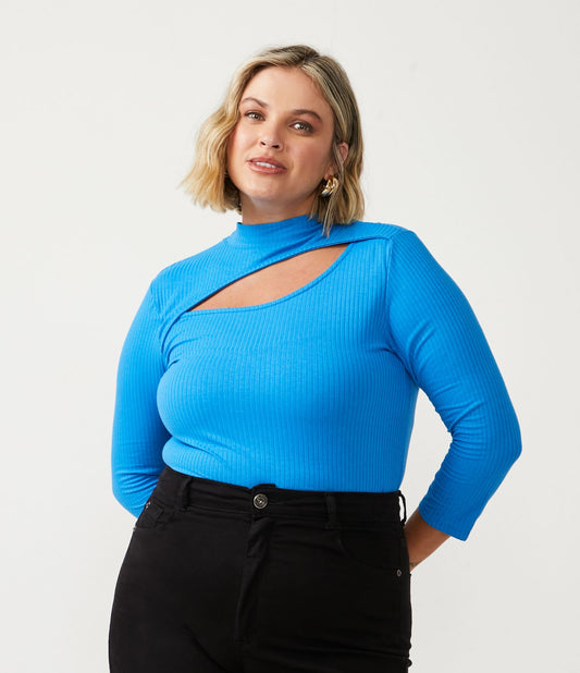 Top de manga longa com nervuras e detalhe de recorte, Curve & Plus Size, azul