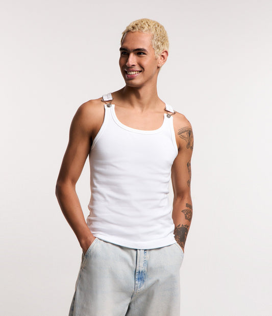White Regular Cotton Tank Top with Metal Shoulder Loops