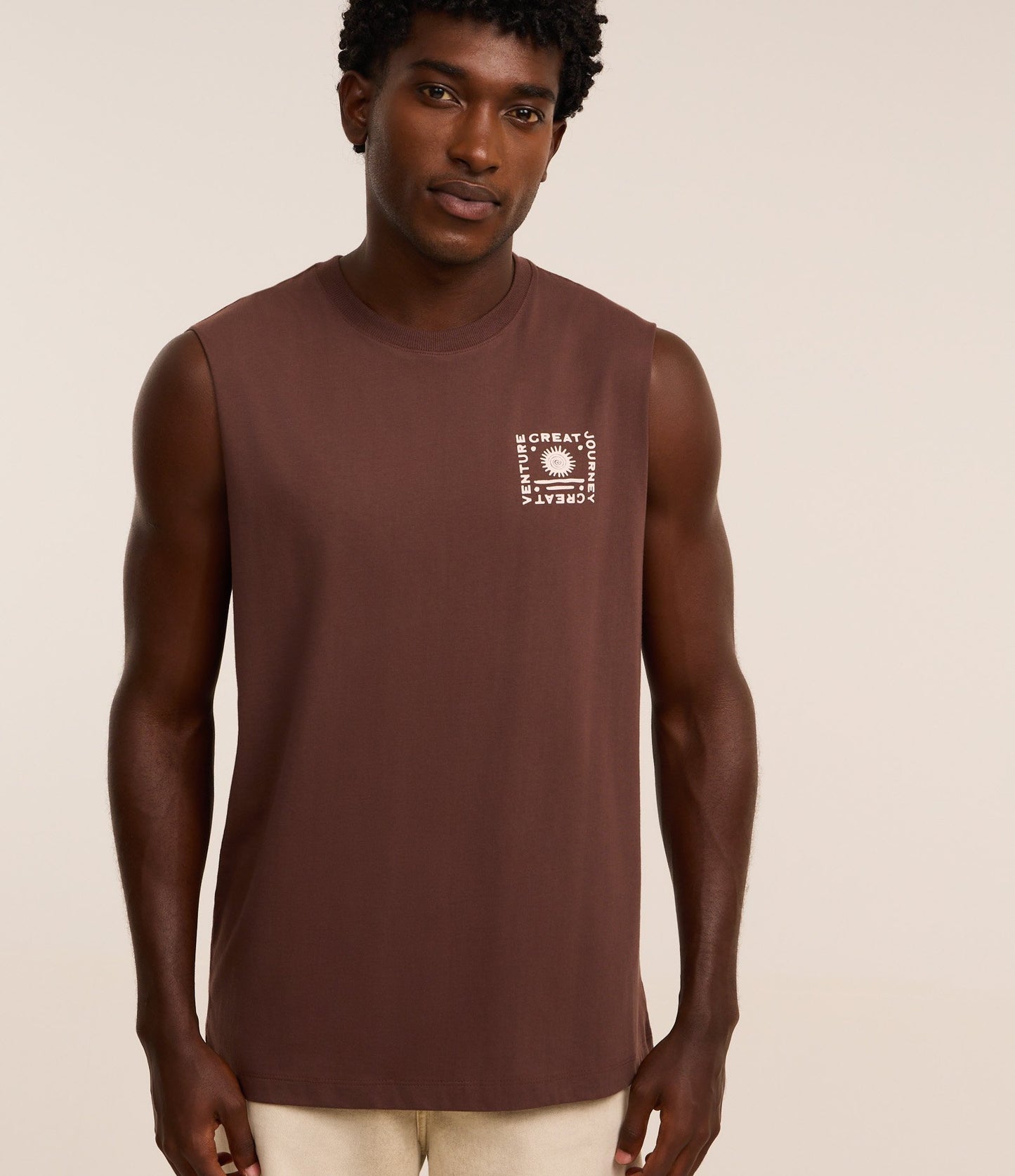 Camiseta de Tirantes de Algodón con Estampado "Great Venture Journey" en Marrón
