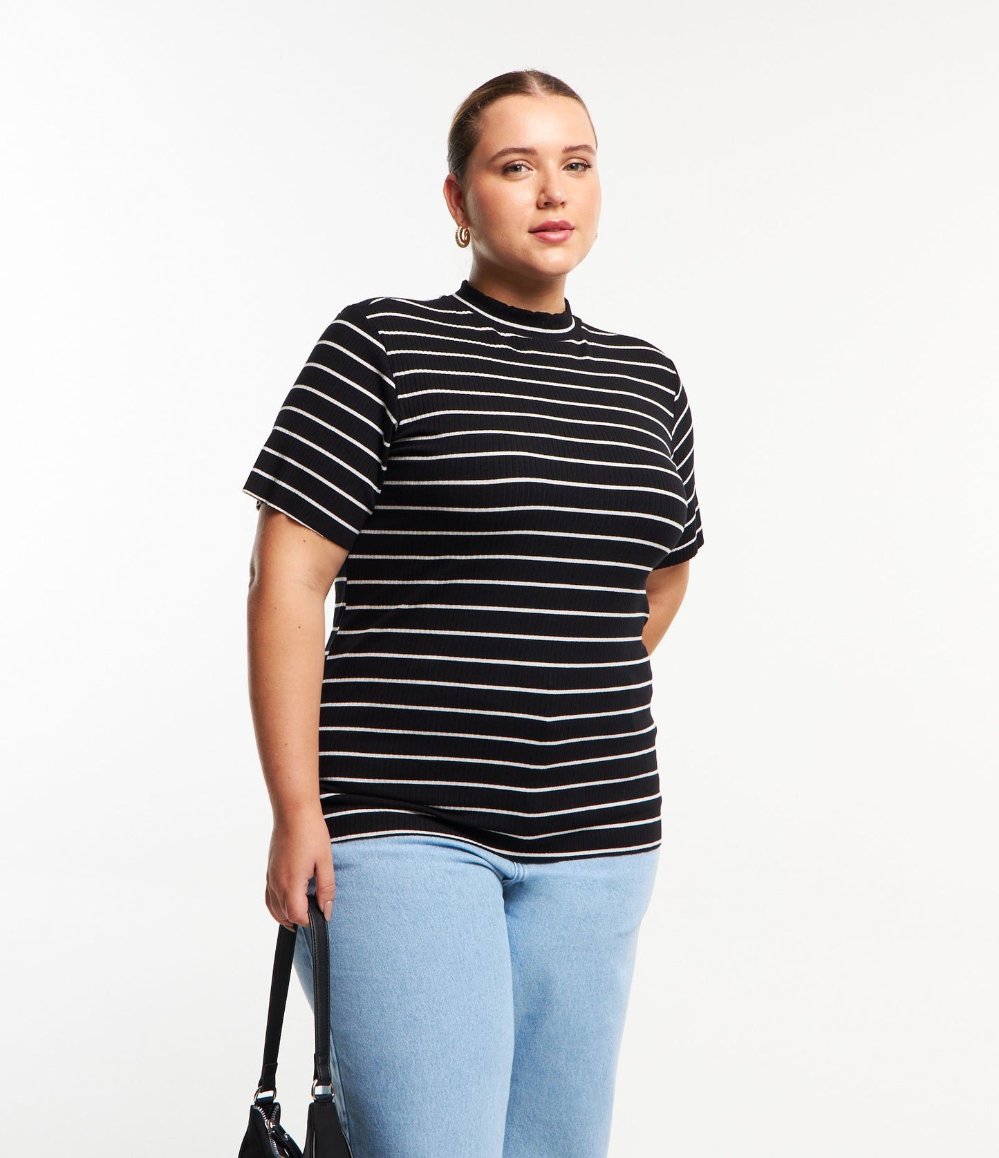 Camicetta a maniche corte a righe a coste Curve & Plus Size Nero