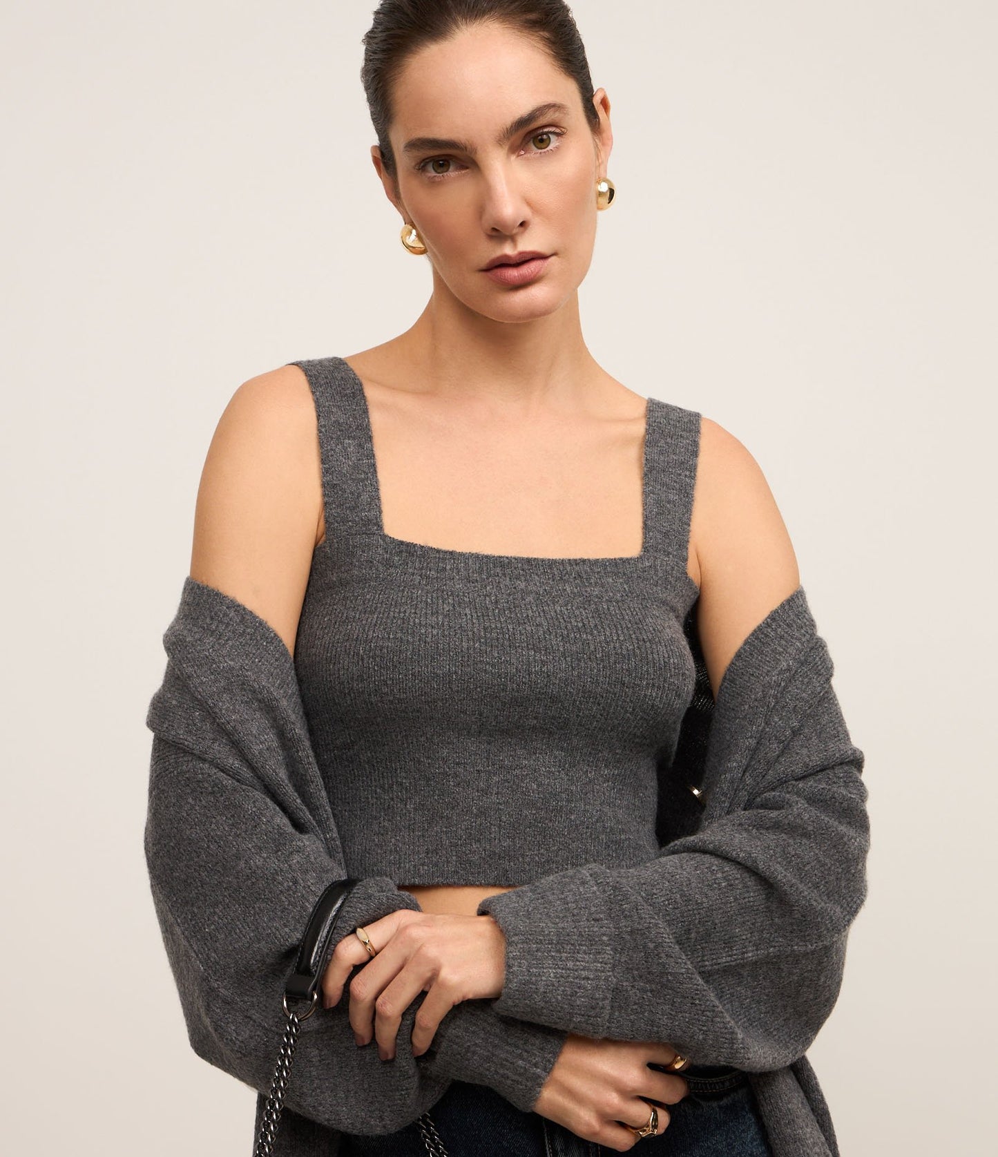 Gray Knit Top with Square Neckline and Wide Straps