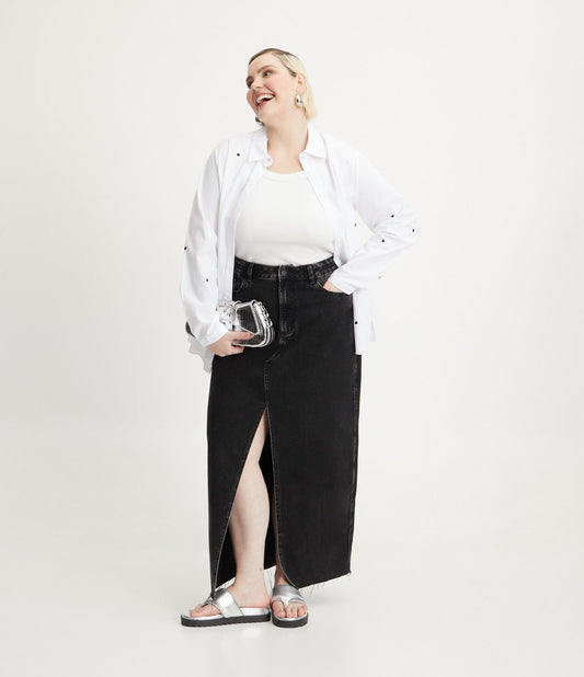 Black Curve & Plus Size Front Slit Long Denim Skirt