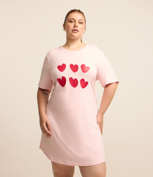 Camisola de lycra de viscose com estampa de coração, tamanho curvo e plus size, rosa