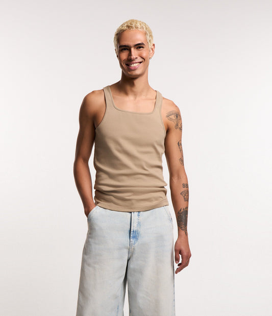 Beige Ribbed Tank Top with Wide Square Neckline