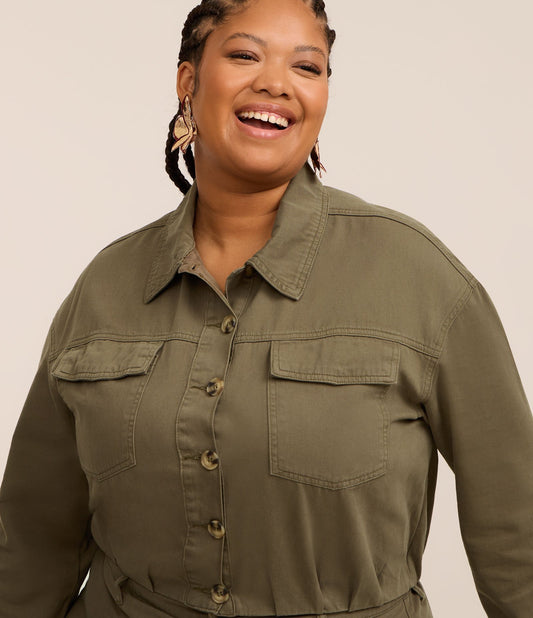 Giacca cropped con maniche a palloncino in twill - Curve e taglie forti - Verde