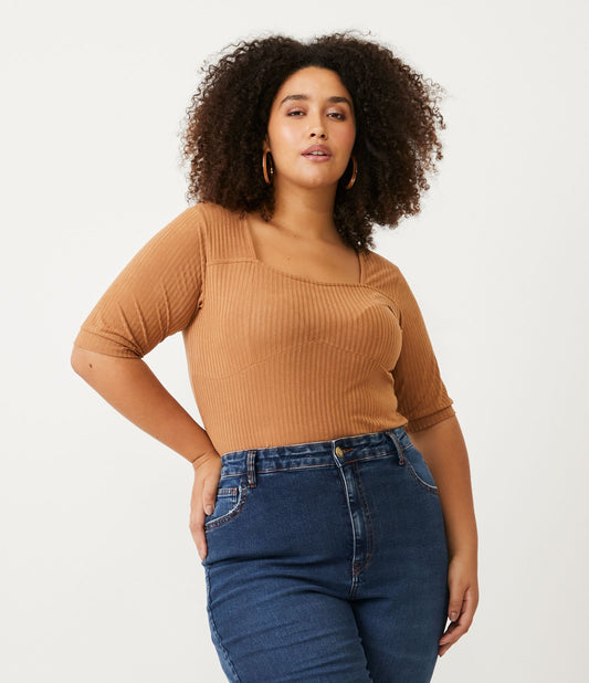 Blusa de gola quadrada com textura canelada bege - Curve & Plus Size
