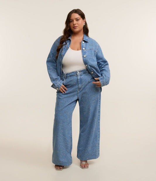 Jeans a gamba larga con toppe stampate a caldo, Curve e taglie forti, blu