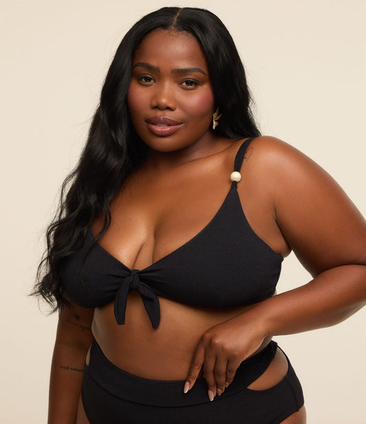 Top bikini nero con laccetti e bordi - Curve e taglie forti