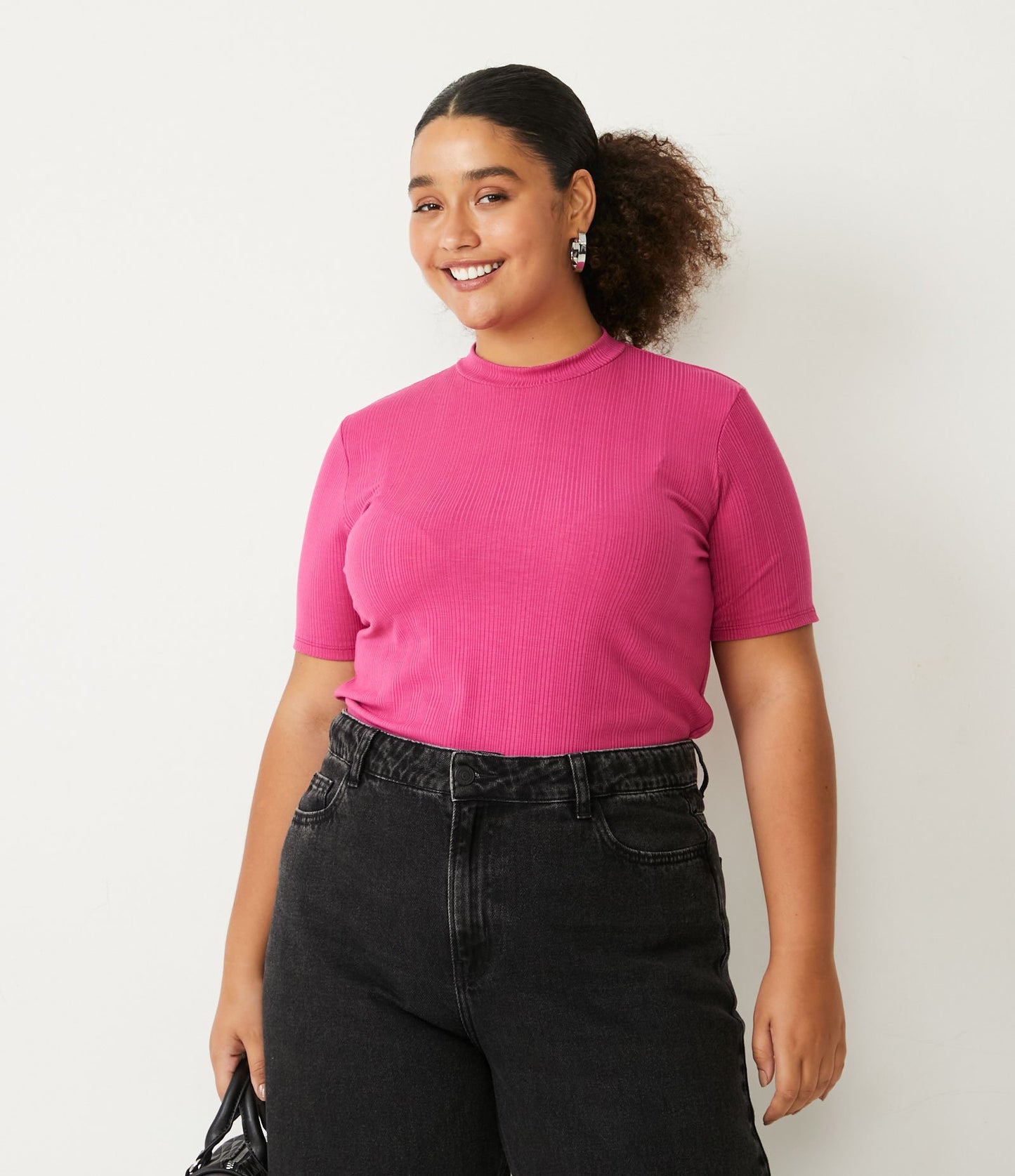 Camicetta con maniche raglan a collo alto a coste, Curve e taglie forti, rosa