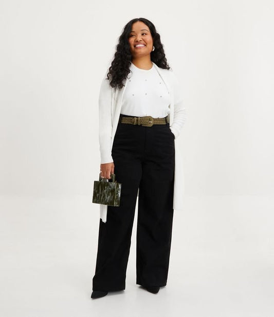 Pantalón de pierna ancha de sarga con botón de corazón, Curvas y tallas grandes, Negro