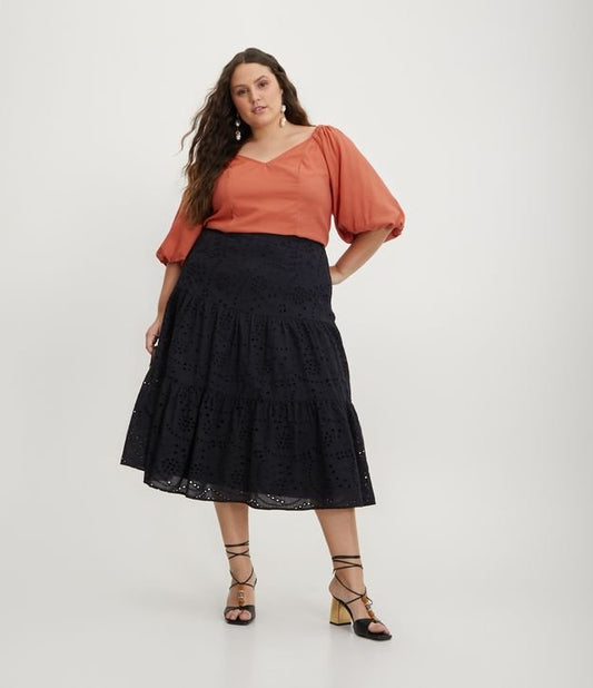 Falda Midi en Laise con Dobladillo de Volantes Curva y Tallas Grandes Negra
