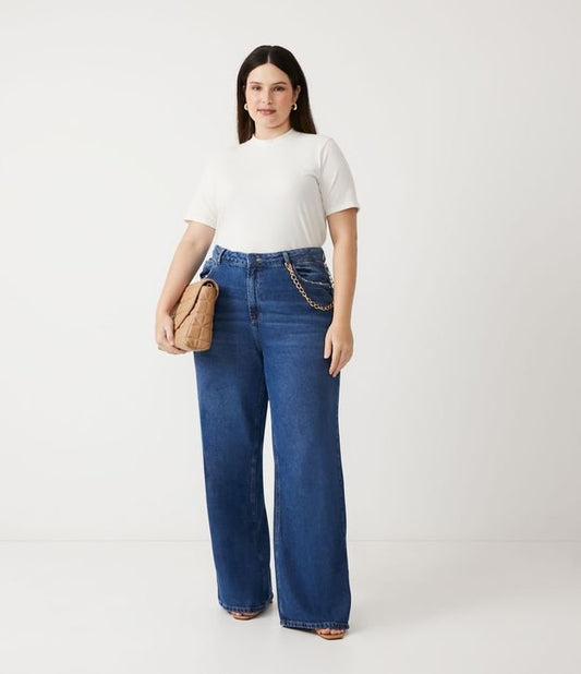 Vaqueros de pernera ancha con cadena y botón cubierto - Curvas y tallas grandes - Azul