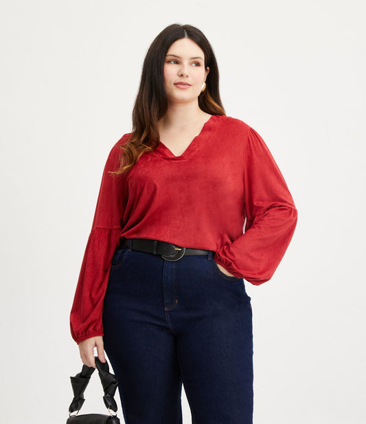 Blusa de camurça com mangas bufantes e detalhes em rufo, Curve & Plus Size, vermelho