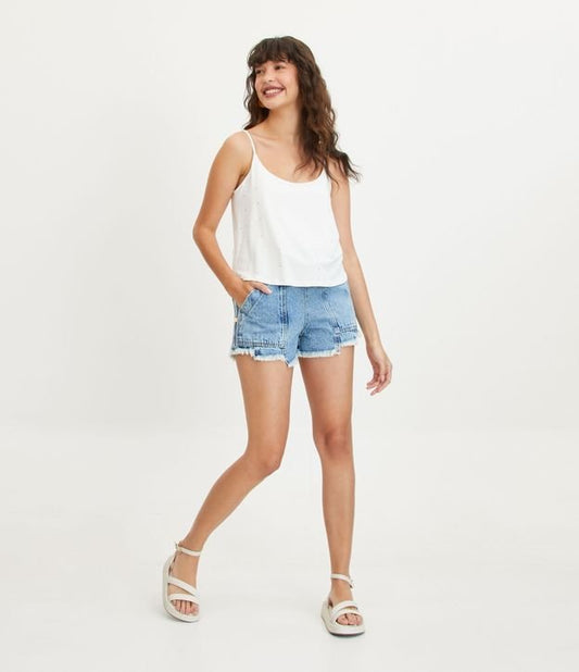 Denim Runner Shorts with Carpenter Pocket and Elastic Waistband - Blue
