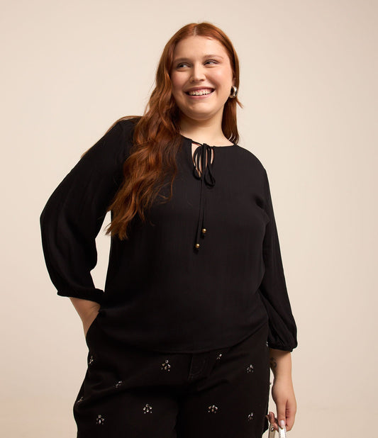 Blusa de viscose texturizada com mangas 3/4, Curve & Plus Size, preta