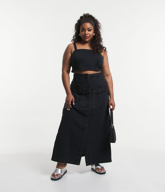 Falda vaquera midi con botones, Curvas y tallas grandes, Negro lavado