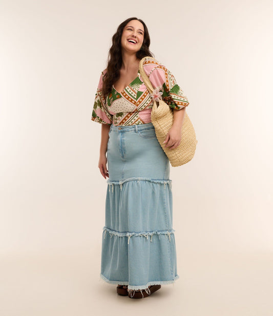 Gonna lunga di jeans con volant, Curve e taglie forti, blu