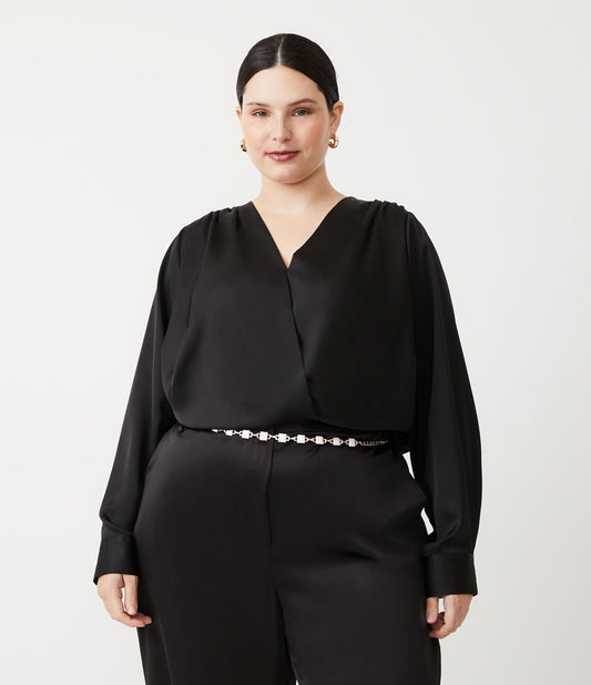 Blusa de cetim com decote cruzado, Curve & Plus Size, preta