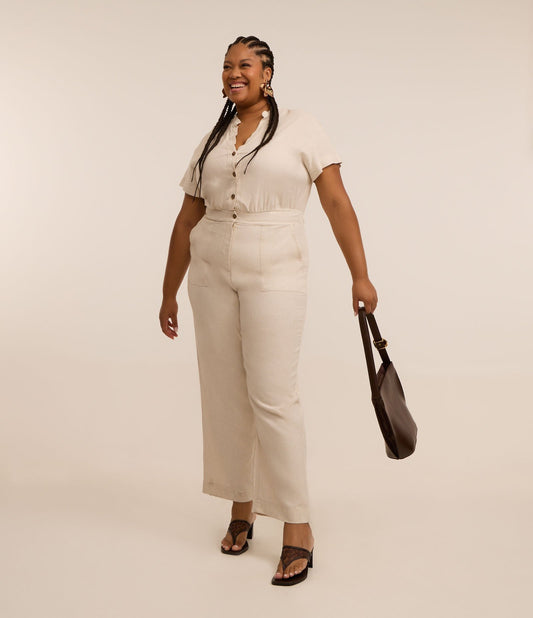 Macacão com linho e botões contrastantes, Curve & Plus Size, Off White