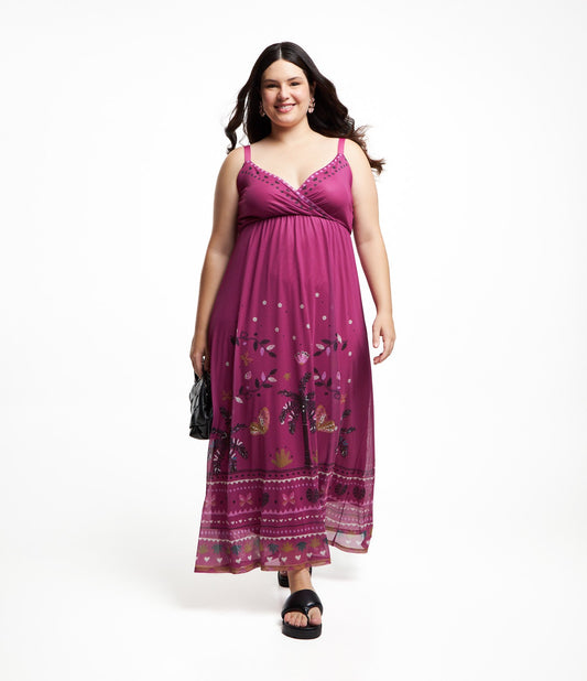 Vestido de tul rosa oscuro con estampado étnico, curvas y tallas grandes