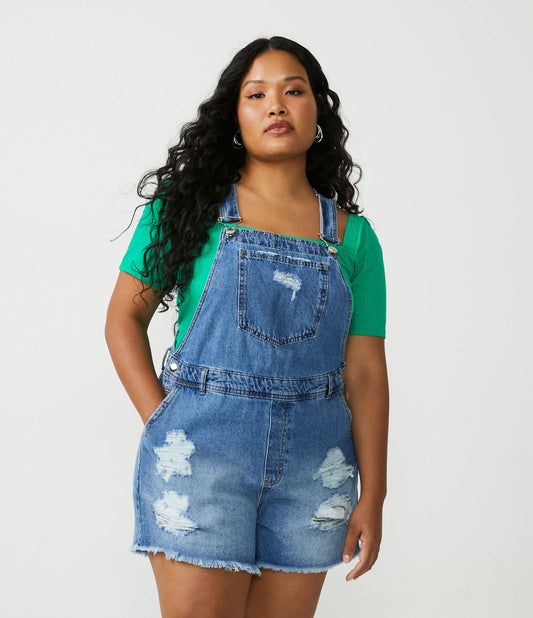 Salopette corta in denim con dettagli invecchiati - Curve e taglie forti, blu