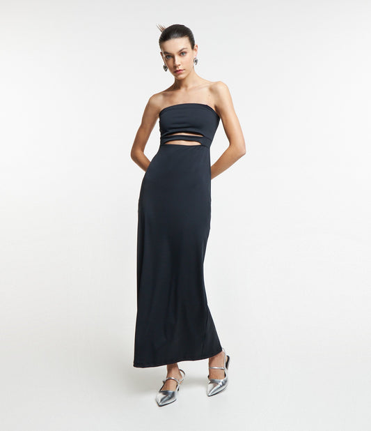 Abito in jersey nero senza spalline con dettagli cut-out
