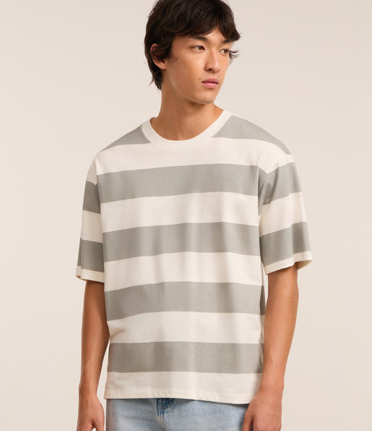 Maglietta in cotone con stampa a strisce grigie
