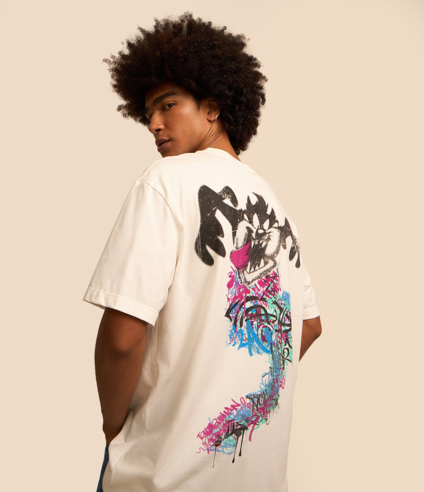 Relaxed Fit Cotton T-Shirt with Taz Mania Print - White