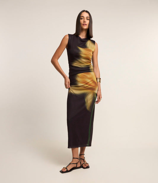 Saia midi com estampa floral Black Narcissus e tule