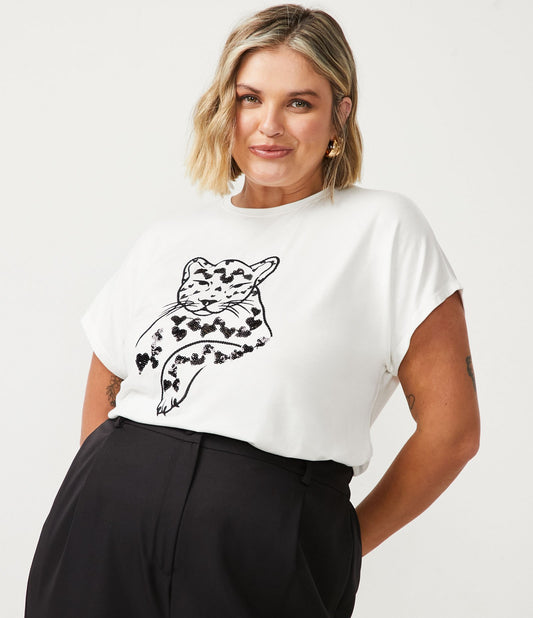 Camicetta in viscosa bianca con disegno leopardato in paillettes, taglie forti e taglie forti
