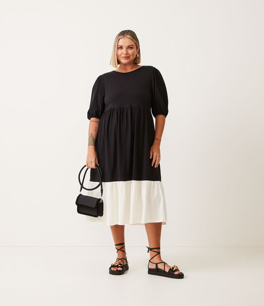 Vestido midi preto em tecido de malha com mangas bufantes - Curve e Plus Size