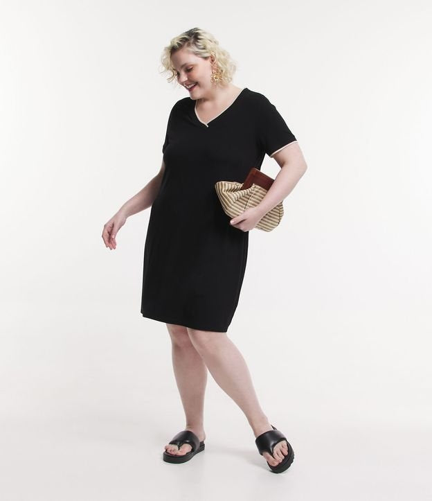 Vestido de viscosa con detalle de punto en el escote y las mangas, Curvas y tallas grandes, Negro