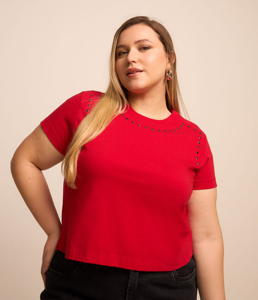 Blusa de algodão vermelha com gola e cavas cravejadas, Curve e Plus Size