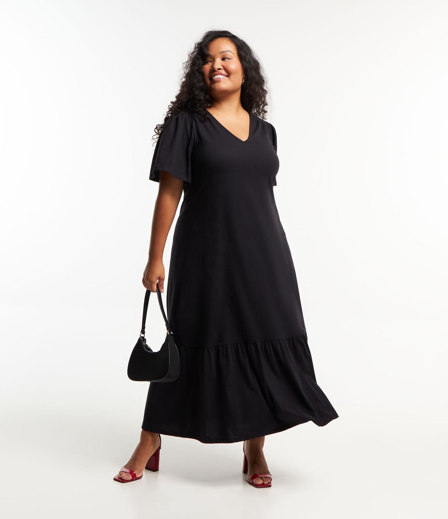 Black Midi Cotton Dress with Ruched Detailing - Curve & Plus Size