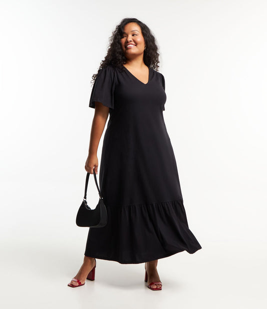 Black Midi Cotton Dress with Ruched Detailing - Curve & Plus Size