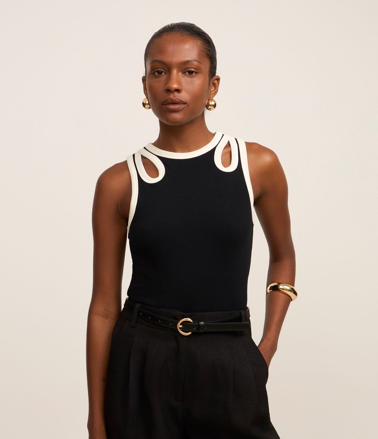 Ribbed Blouse with Black Contrast Keyhole Cutout