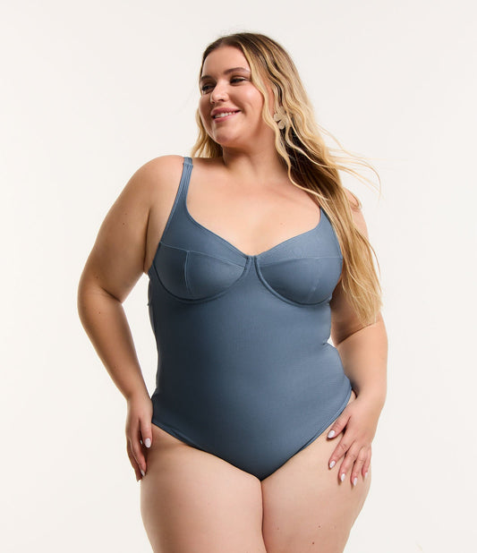 Costume da bagno a mezza coppa in microfibra testurizzata per taglie forti - Blu