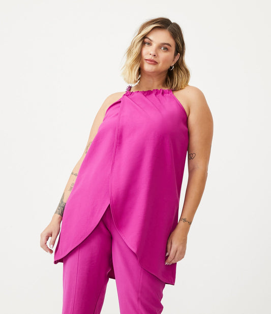 Camicetta con cinturino in crepe e dettaglio a catena, Curve e taglie forti, rosa