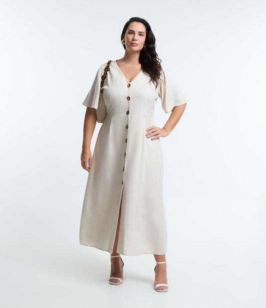 Beige Midi Dress in Linen and Viscose with Buttons - Curve & Plus Size