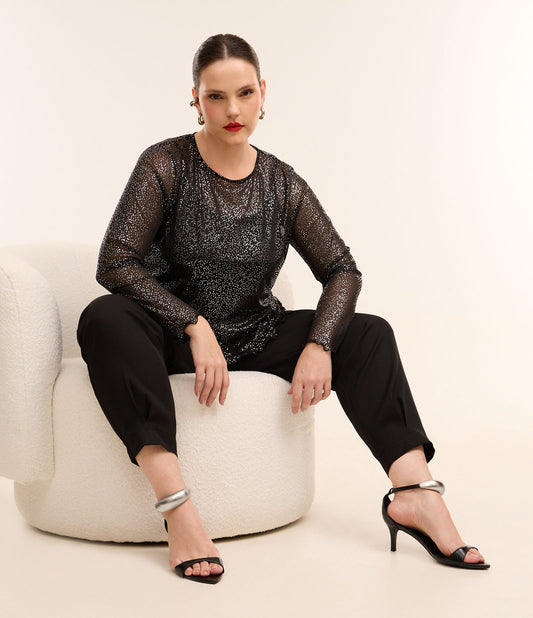Black/Silver Tulle Blouse with Contrasting Sparkles, Curve & Plus Size