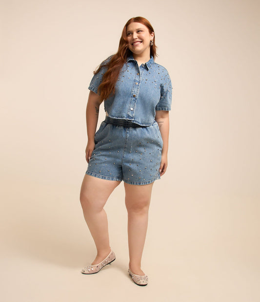 Jeans corti e comodi con scintille applicate Curve e taglie forti Blu