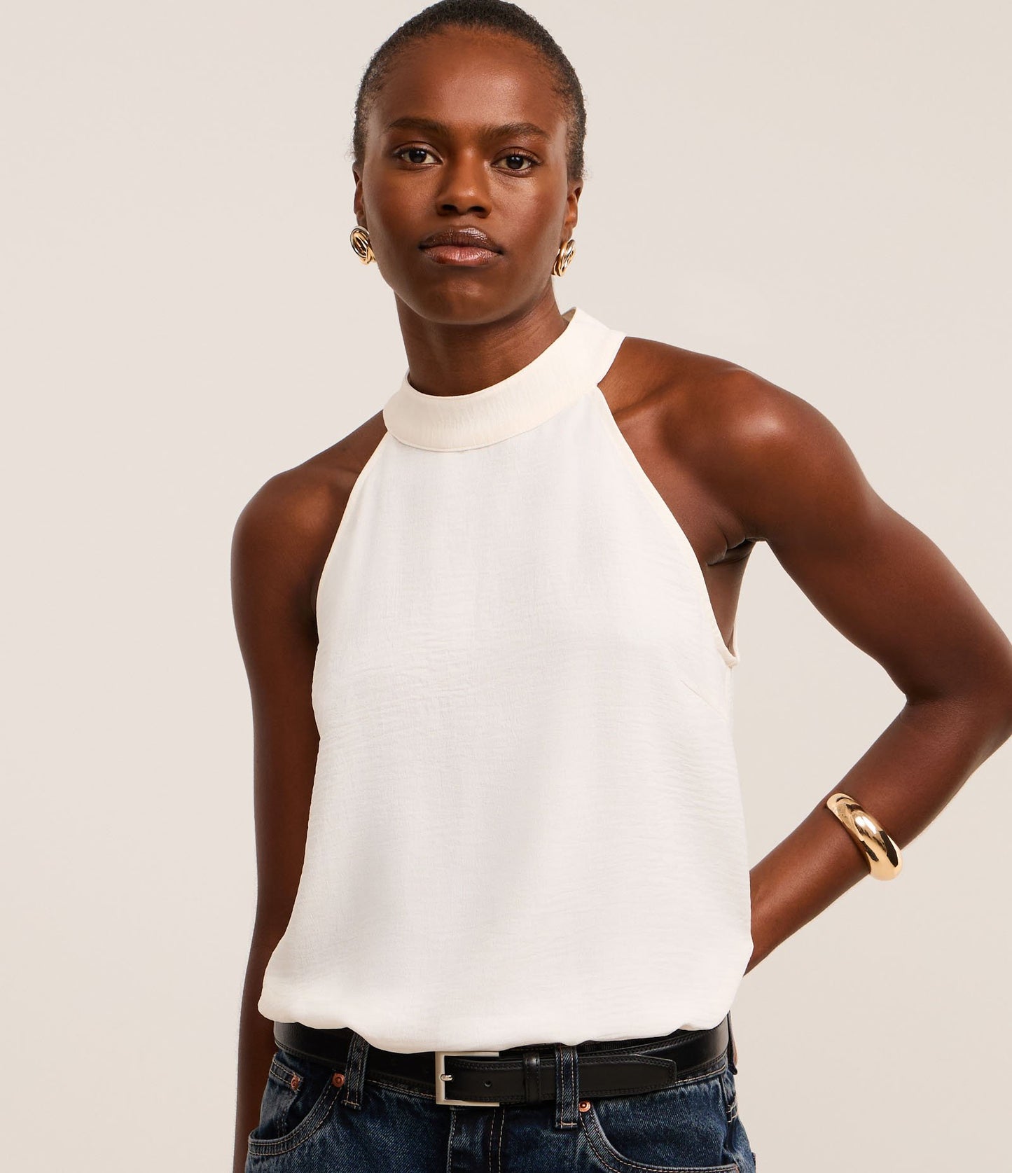 White Halter Neck Blouse with Folded Collar and Airflow Effect