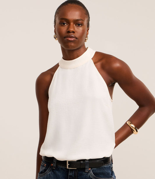 White Halter Neck Blouse with Folded Collar and Airflow Effect