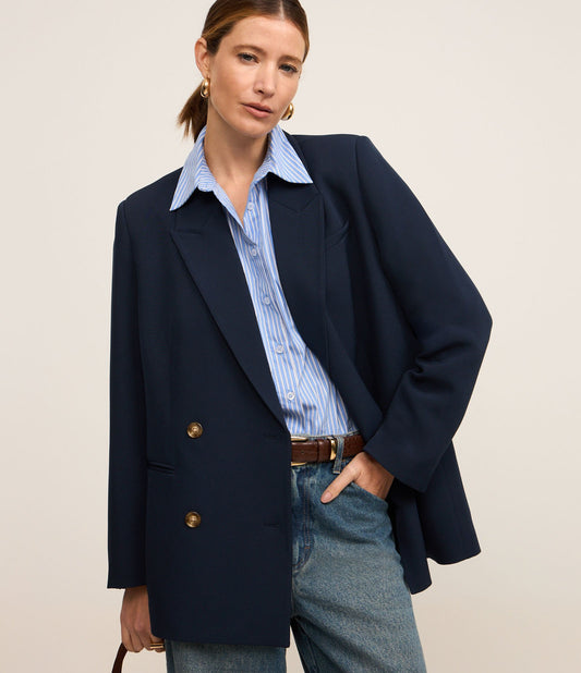 Double-Breasted Oversized Tailored Blazer with Buttons in Blue