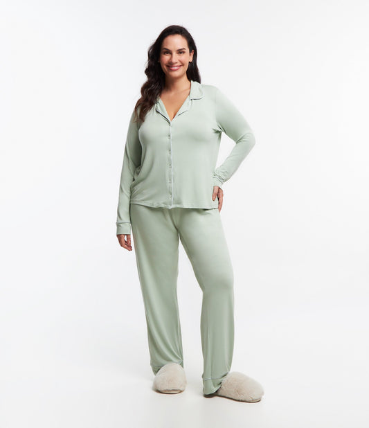 Long Viscose Pajamas with Contrast - Curve & Plus Size - Green
