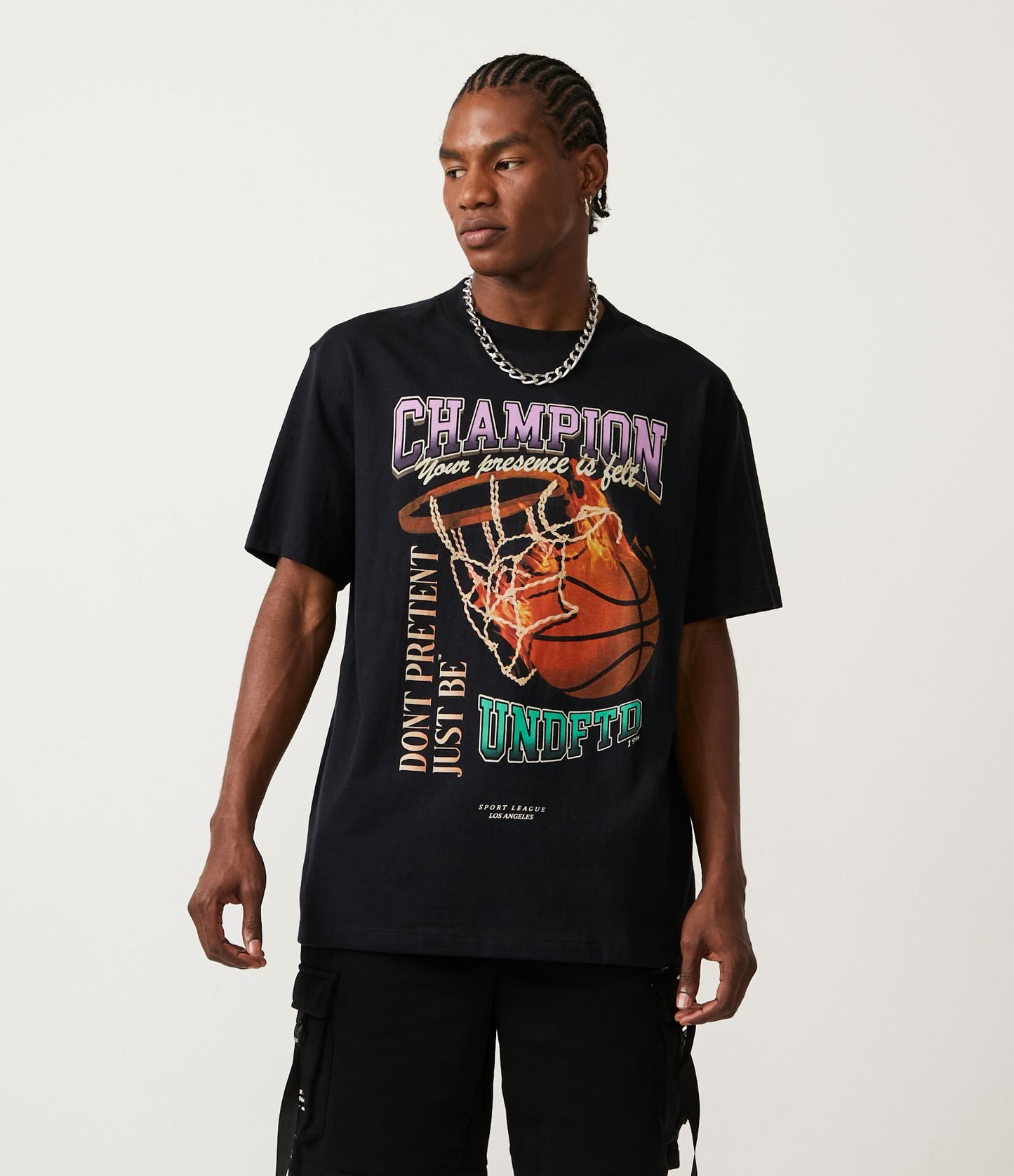 Black Cotton T-Shirt with Basketball Champion Print